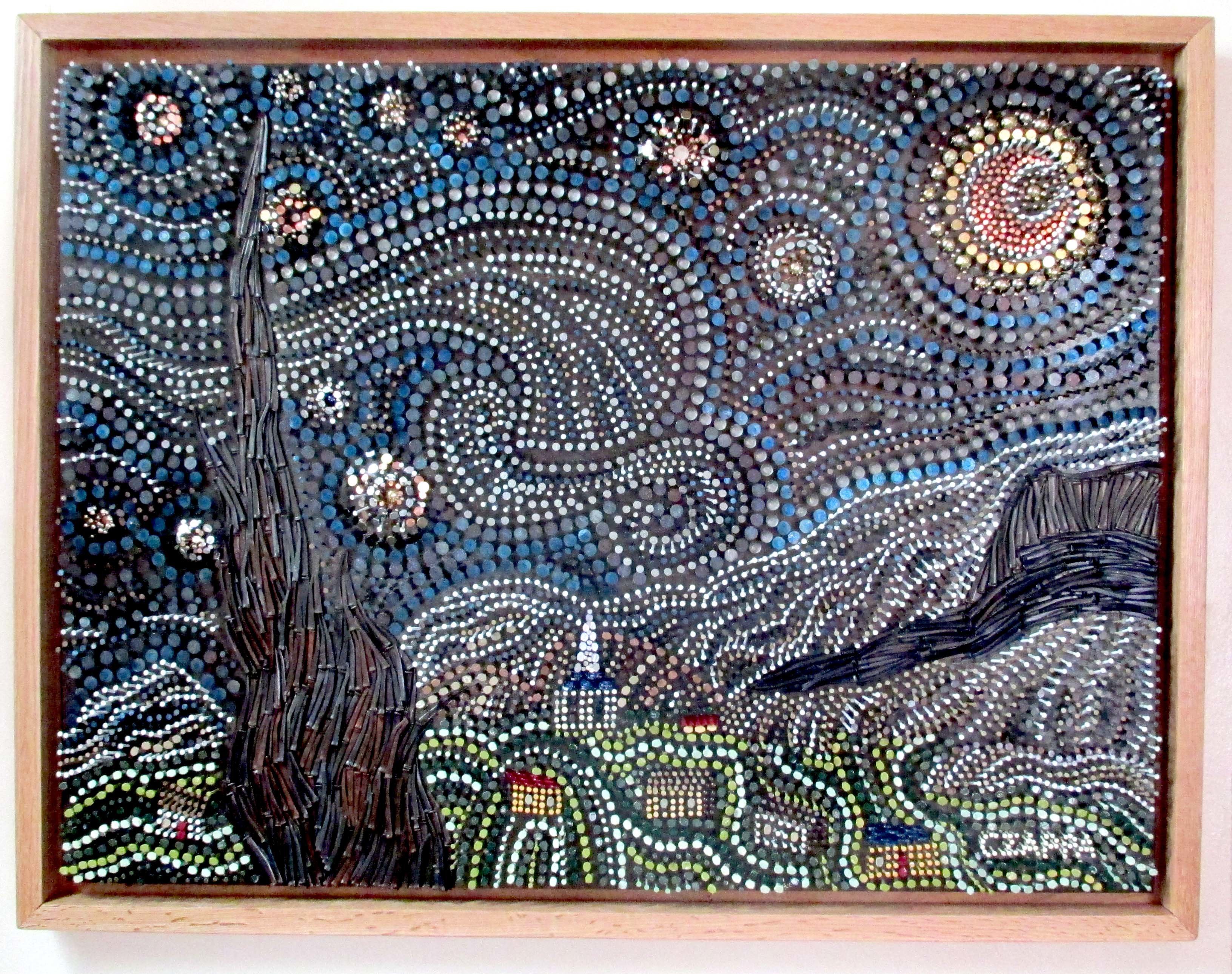 Bill Czappa; Starry Starry Night, 2020, Original Sculpture Other, 32 x 22 inches. Artwork description: 241 I saw an artist in the 60 s who used nails in his work and thought I could do Van Goghs Starry Night in nails and tacks and so I did.  It took some much time to figure out how to do it that I needed to ...