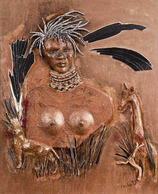 Nola Demint; AFRICAN WOMAN, 2009, Original Paper, 29 x 36 inches. Artwork description: 241  THIS IS MADE WITH SEWING PATTERN PAPER MIRRORS AND LATHED STEEL FOR THE HAIR AND BEADS FOR NECK ...