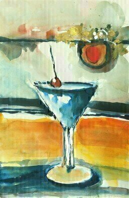 Daniel Clarke, 'West End Martini', 2022, original Watercolor, 12 x 18  x 0.1 inches. Artwork description: 1911 An upscale lounge well known, For its ambiance and specialty cocktail, Which includes live entertainment dancers, On stage, in fine detail. While aglamorous female stood in front of the bar, With a deep sea blue martini, in her right hand, In an ice cold oversized snifter, dipped ...
