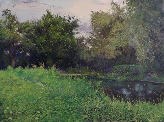 Danil Shurykin; Olhovka River, 2014, Original Painting Oil, 60 x 45 cm. Artwork description: 241 landscape, green, evening, river, grass ...