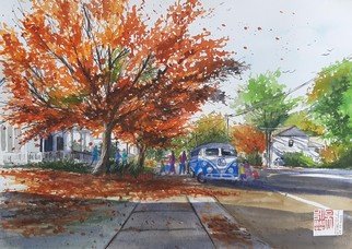 Danny S Christian; Coming Home For Thanksgiving, 2021, Original Watercolor, 42 x 29.7 cm. Artwork description: 241 There is nothing more cheerful moment than a family members coming home for Thanksgiving day.  The rust gold- red- yellow fall foliage give the happy season a vibrant mood. ...