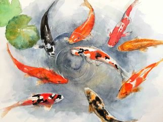 Danny S Christian; Nine Carps, 2021, Original Watercolor, 42 x 29.7 cm. Artwork description: 241 This is a sample of animal  fish  painting I have made, rich with symbolic meanings, the 9 carps swim through the lily ponds. I accept order for commissioned paintings of animals: fish, mammals and birds. ...