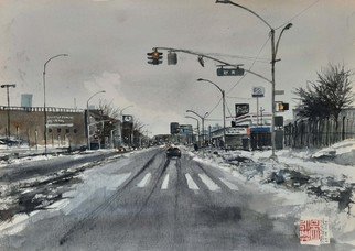 Danny S Christian; One Winter Morning, 2021, Original Watercolor, 42 x 29.7 cm. Artwork description: 241 Driving in the cold winter morning, passing through city suburb, while snow is still freshly piled...