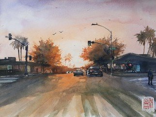 Danny S Christian; Sundown, 2021, Original Watercolor, 42 x 29.7 cm. Artwork description: 241 Last ray of sun during late afternoon drive, sidewalk shops are yet to light their lamps...