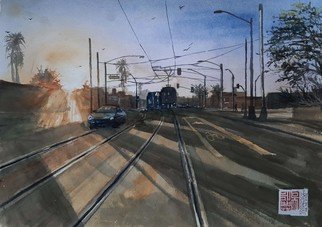 Danny S Christian; Tramway, 2021, Original Watercolor, 42 x 29.7 cm. Artwork description: 241 Streetcar passing through afternoon sunlit road, the gleaming rail reflect the last rays of sun before the dark come...