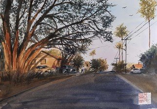 Danny S Christian; Under The Big Leafy Tree, 2021, Original Watercolor, 42 x 29.7 cm. Artwork description: 241 Late afternoon light falls on the big tree just near the sidewalk, part of the lights lit the house s wooden wall while residents just arrive from work...