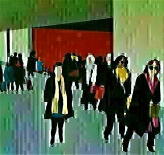 Denise Dalzell, 'Commute', 2019, original Painting Acrylic, 24 x 23  x 2 inches. Artwork description: 3495 painting, commute, illustration, expressionism, pop art, modern, realism, people.  A scene of interaction among rush hour commuters. ...
