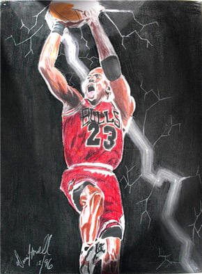 Dennis Howell; Jordans Impact, 1996, Original Pastel, 18 x 24 inches. Artwork description: 241 18X24 Charcoal & Pastel on Pastel Paper. This Peace is Titled Jordan' s Impact. The Lightning as it connects to the ball, shows his unhidden presence to the game forever. ( The work is purposely highlighted to discourage illegal downloading)...