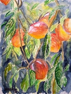 Derek Mccrea; Peaches, 2008, Original Watercolor, 12 x 16 inches. Artwork description: 241  Peaches peach fruit still life modern realistic watercolor painting and a limited edition signed and numbered fine art poster print. Orange, green, black and white watercolors surreal abstract feel modernism impressionistic touch by a Central Florida artist also in the United States Army Infantry. See more many ...