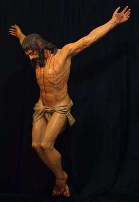 Serhii Dobrovolsyi; Cristo Del Consuelo, 2021, Original Sculpture Wood, 200 x 200 cm. Artwork description: 241 Cristo del Consuelo  Christ of consolation  2021.Work material: wood  linden  tempera paint  polyurethane varnish.Size: height - 2 meters.+ a cross was made for this work, size: 2. 5m. at 4. 5m.This sculpture is carved completely on wood, without pouring, etc. Sculpture in a single copy. ...