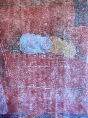 Donna Gallant, 'Two Asleep', 1987, original Printmaking Monoprint, 12 x 16  inches. Artwork description: 1758 Coloured pencil was layered on top of the mono print to change the colour in specified places to create contrast and focal points. Very textured with a red background. ...