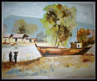 Sneha Joshi; VILLAGE SCENE, 2014, Original Painting Acrylic, 28 x 21 inches. Artwork description: 241 Acrylic Paints on rolled canvas, this painting is one of a kind made exclusively using light colour shades. This is ideal for bright walls. Horizontally placed, this piece basically depicts a fishing village with a boat parked near the river, small mud houses, rough soils, fisher women ...
