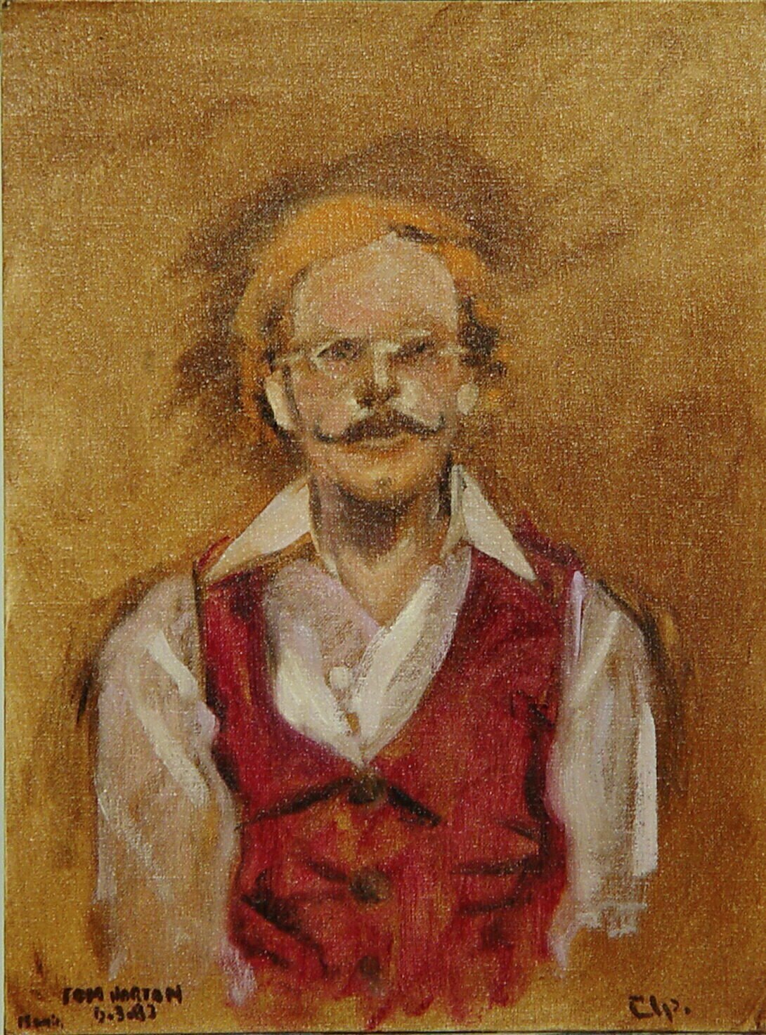 Lou Posner, 'Portrait Of Tom Horton', 1983, original Painting Oil, 12 x 16  x 0.1 inches. Artwork description: 2307 Oil on canvas board.  Took 15 min.  to paint.  An oil sketch.  Signed Rlp.  The late Tom Horton d. , June 28, 2022 modeled for multiple paintings.  He was a multi- talented artist, artisan, craftsman, builder, quilt- maker, antiques dealer, sand- blasted, etched glass artist.  Wallingford, Connecticut.  A ...