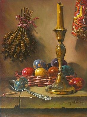 Dusan Vukovic; Decorating Easter Eggs, 2013, Original Painting Oil, 30 x 40 cm. Artwork description: 241  This is poetic realism. . .  ...