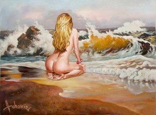 Dusan Vukovic; I Wait For The Waves Not ..., 2012, Original Painting Oil, 50 x 40 cm. Artwork description: 241 nude, figurativ, sea, landscape, summer, realism, oil on canvas, original painting, dusanvukovic...