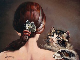 Dusan Vukovic; Last Game Of Butterflies, 2012, Original Painting Oil, 30 x 40 cm. Artwork description: 241  realism, symbolism, cat, butterfly, girl...