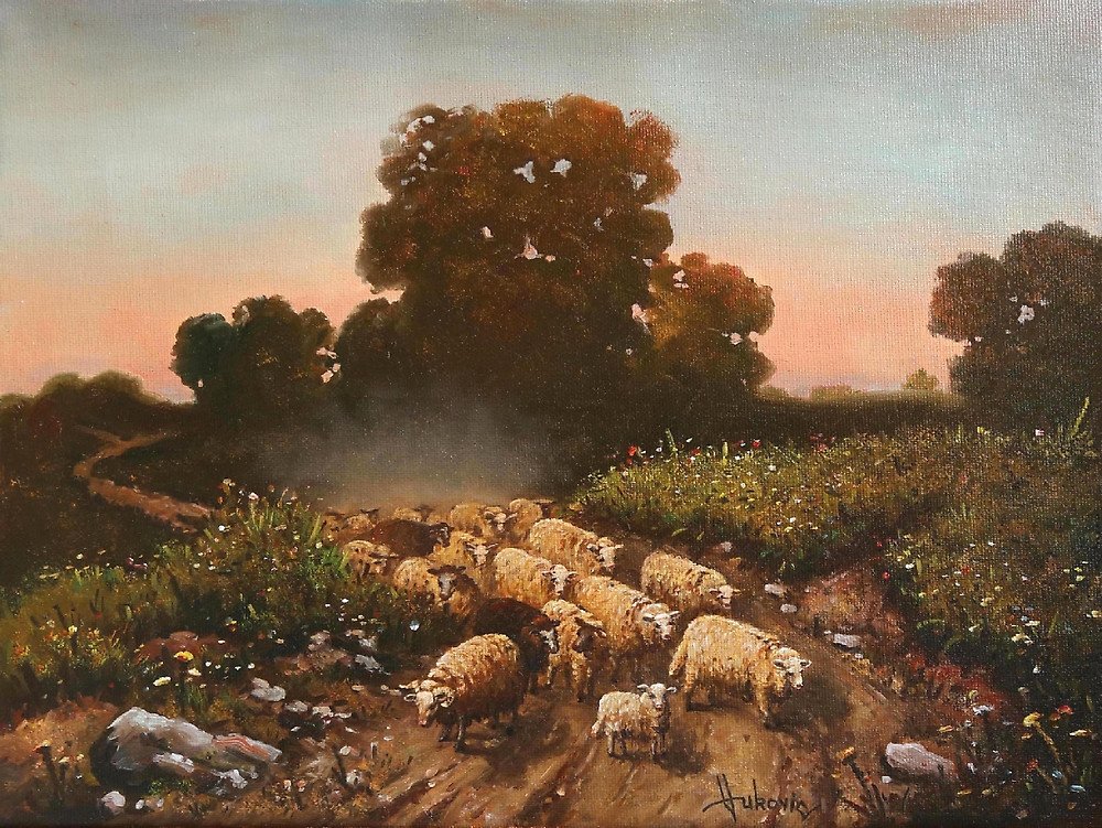Dusan Vukovic; Return Of The Herd, 2017, Original Painting Oil, 40 x 40 cm. Artwork description: 241 the return of hes, sheep, twilight, home, realism, oil, dusanvukovic...