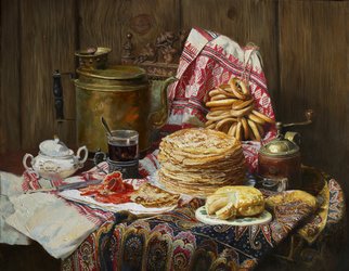 Eduard Panov; Still Life With Pancake, 2017, Original Painting Oil, 75 x 55 cm. Artwork description: 241 pancake, coffee, breakfast...