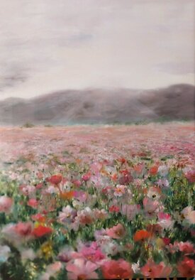 Elena Mardashova; Field Of Pink Flowers, 2020, Original Painting Oil, 50 x 70 cm. Artwork description: 241 Original oil painting  Field on pink  flowers ,on canvas 70 x 50 cm,2020...