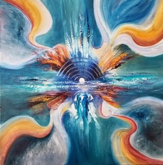 Even Pangpai; Sunrise At Sea By Even Pangpai, 2018, Original Painting Oil, 24 x 25 inches. Artwork description: 241 A burst of energy and warmth comes from the sun at the center. The burst is swirling and expanding all the way to the edge. The rings around the sun above the sea surface and the rising vertical strokes below it make the sunrise more interesting and ...
