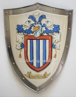 Gerhard Mounet Lipp; Metal Coat Of Arms Shield..., 2019, Original Painting Acrylic, 11 x 12 inches. Artwork description: 241 Coat of Arms four point steel knight shield - exclusive hand crafted hand painted medieval knight shield with gold leaf painted rivets aEUR