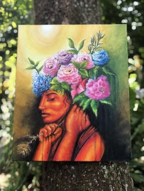 Fenyl Isis Guigayoma; Mental Health Awareness, 2021, Original Painting Oil, 20 x 24 inches. Artwork description: 241 I painted this to convey a clear message to viewers while also creating a visually appealing and vivid piece to be admired. The painting s subject portrays humanity s biggest adversary. The vibrant bouquet over the head represents our thoughts: distinctive, one- of- a- kind, dark, and ...