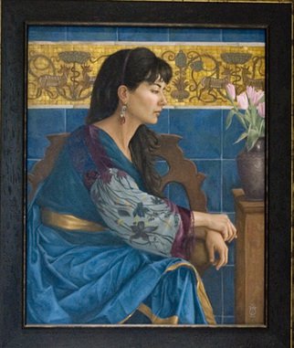 David Thompson; Mosaic, 2018, Original Painting Oil, 24 x 36 inches. Artwork description: 241 Not quite a portrait but my most Pre- Raphaelite figure subject. Paying homage also to Lord Leighton and the Aesthetic movement of the 19th century...