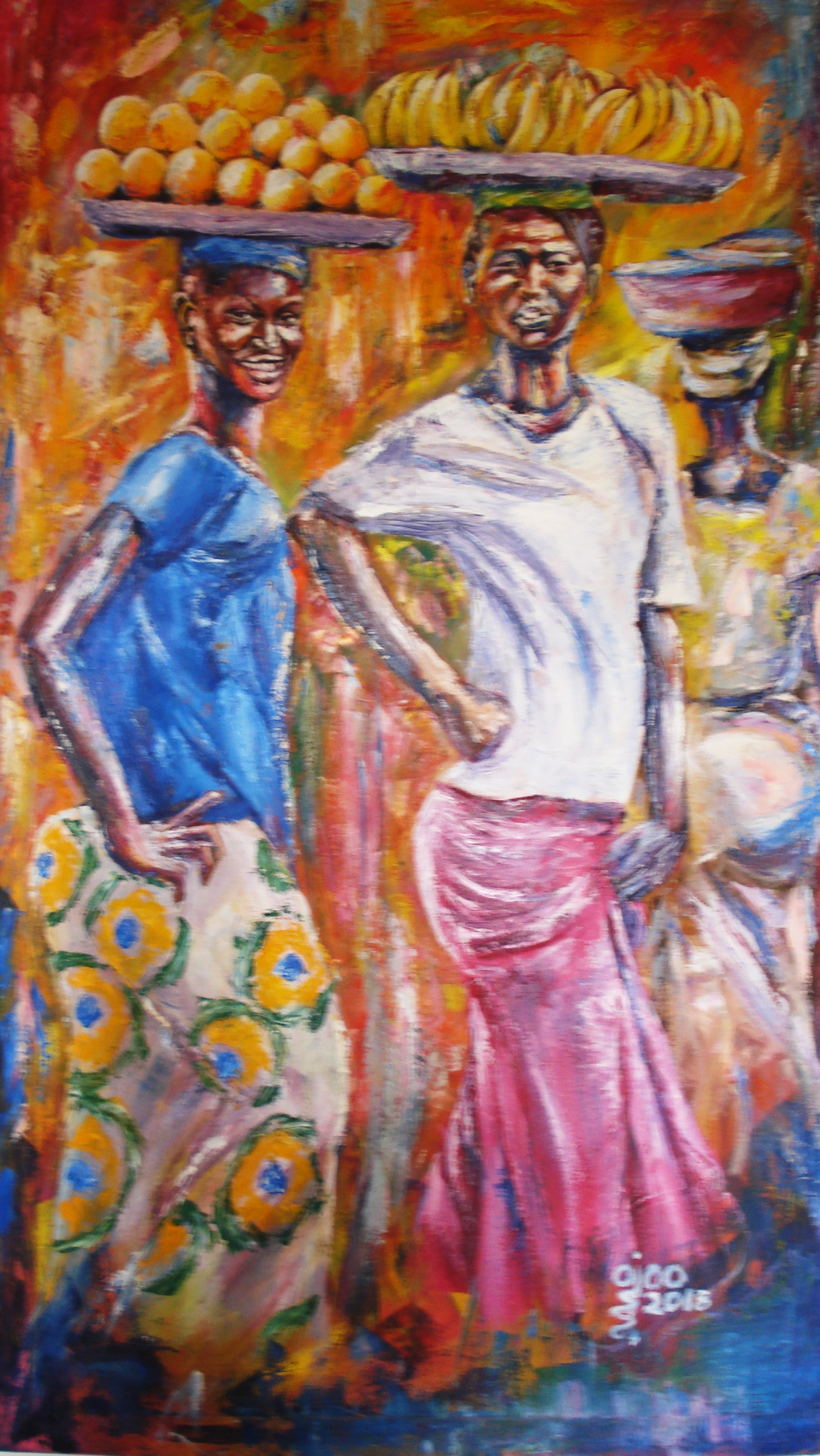 Franklin Ojoo; Market Day 1, 2018, Original Painting Oil, 32 x 59 inches. Artwork description: 241 Oil paint on canvas using palette knife, depicting African women going to the markets to sale their products...