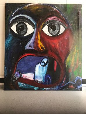Frances Bildner; Hunger, 2018, Original Painting Acrylic, 54 x 48 inches. Artwork description: 241 Hunger is a mask of horror about the holocaust. It shows the absolute horror of aggression and disappearance and extinction of people by monsters. ...