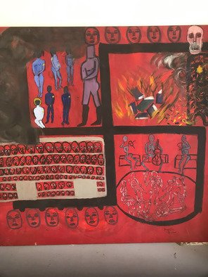 Frances Bildner; The Four Stages, 2018, Original Painting Acrylic, 54 x 54 inches. Artwork description: 241 This painting depicts the four stages of the holocausts. The jewish yellow star as identification and ostracization, The burning of the books, The cattle cars on their way to the camps and the final skeletal looking people and death...