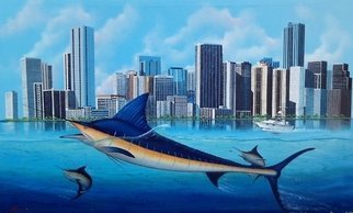 Gary Boswell; Miami Marlins, 2018, Original Painting Acrylic, 48 x 30 inches. Artwork description: 241 Marlins swimming below the Miami skyline, I ve painted in acrylic, on a large 48x 30stretched, gallery wrapped canvas.Painted on all sides, framed not needed...