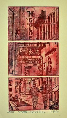 Jerry  Di Falco, '13 St Is A Jungle Cranberry', 2020, original Printmaking Etching, 16 x 20  x 1 inches. Artwork description: 3099 This triple zinc- plate etching, entitled aEURoeTHIRTEENTH STREET IS A JUNGLE IN CRANBERRY LIGHTaEUR, was laid out on the printing press in a vertical format.  This etching is from the SECOND of FOUR EDITIONS, and the editions are limited to only four etchings each.  Each of the ...