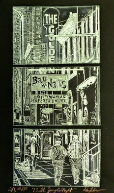 Jerry  Di Falco, '13thst Is A Jungle Night', 2020, original Printmaking Etching, 16 x 20  x 0.5 inches. Artwork description: 2703 Entitled, aEURoeTHIRTEENTH STREET IS A JUNGLEaEUR, this triptych like design employed three, zinc etching plates all laid out on the printing press bed in a vertical- format.  This print is from the THIRD EDITION of FOUR, with each intimate edition limited to only four etchings.  Each editions ...
