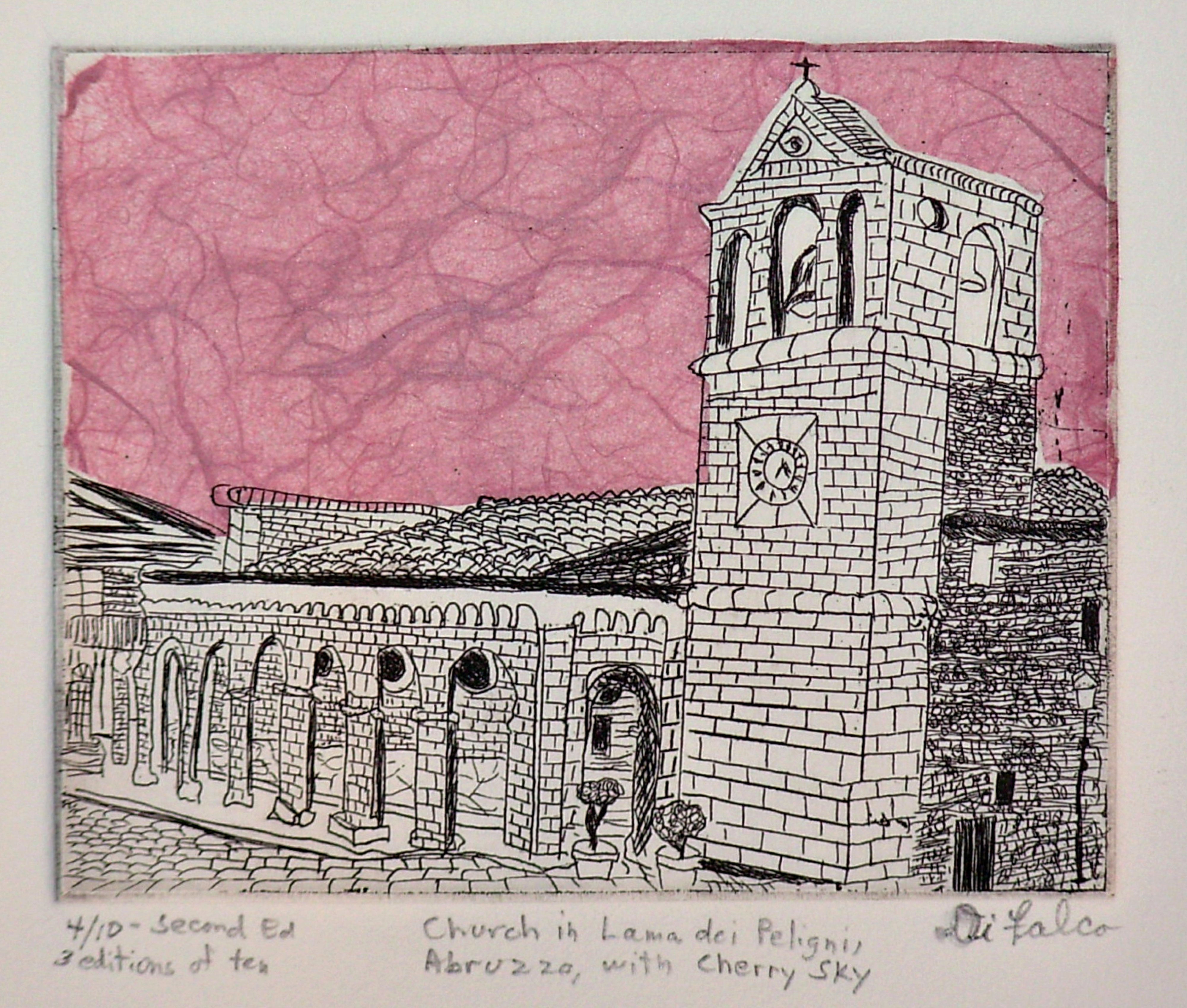 Jerry  Di Falco, 'Church In Lama Dei Pelign...', 2010, original Printmaking Intaglio, 10 x 9  inches. Artwork description: 15375 FULL TITLE IS, Church In Lama dei Peligni Abruzzo with Cherry Sky. This intaglio etching also uses the Chine colle, or Chinese pasting, technique to add color to the print via the use of mulberry bark paper from Thailand treated with methyl cellulose. Media include black oil- ...