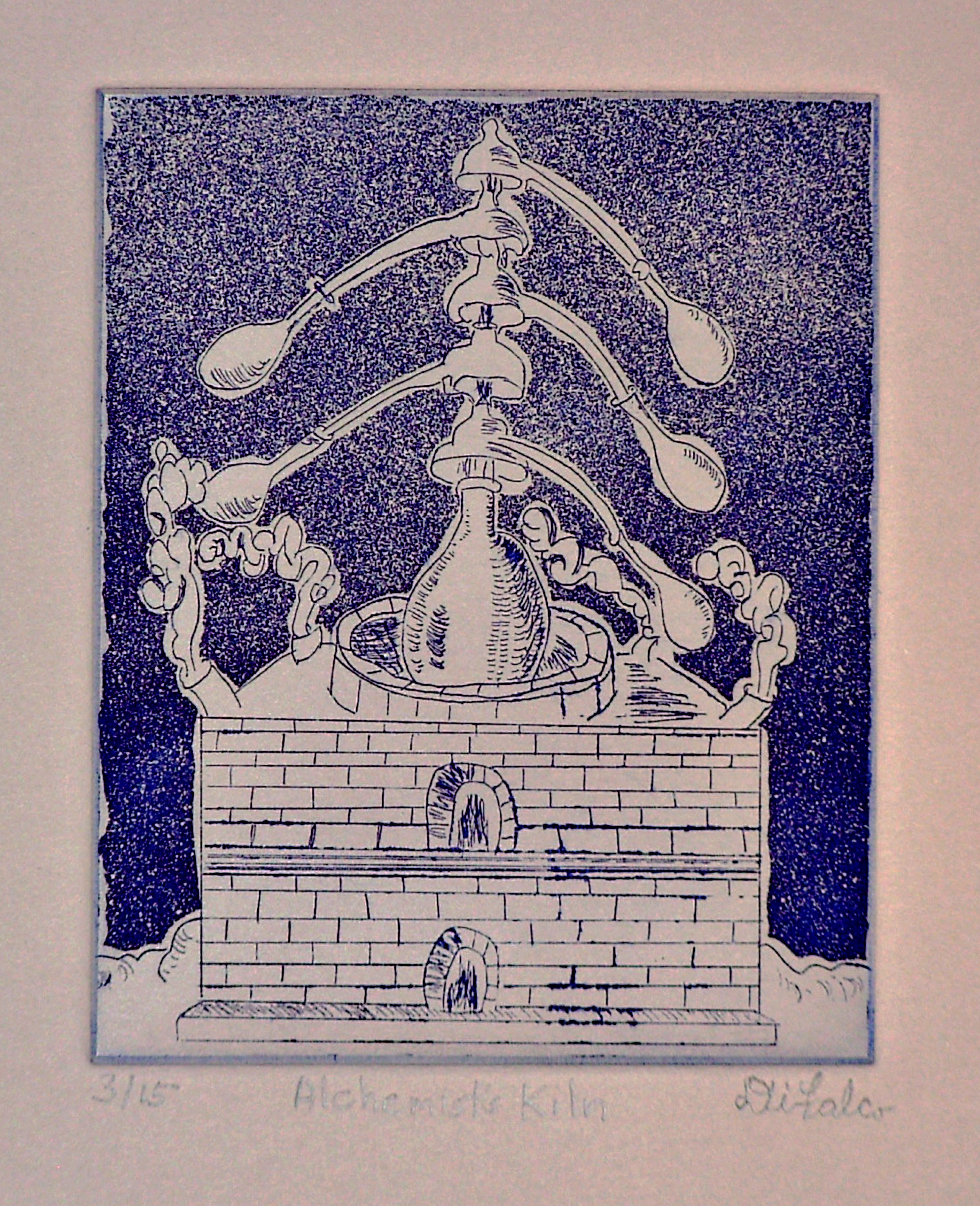 Jerry  Di Falco, 'Kiln Of The Alchemist', 2010, original Printmaking Intaglio, 8 x 10  x 0.5 inches. Artwork description: 15375 This etching used the studio techniques of intaglio, dry point, and aquatint. It is executed using a hand blended color of oil base etching inks, all Charbonnel brand from Paris, on Italian mould made grey paper called Magnani Pescia, which is from the town of Cartiera Magnani ...