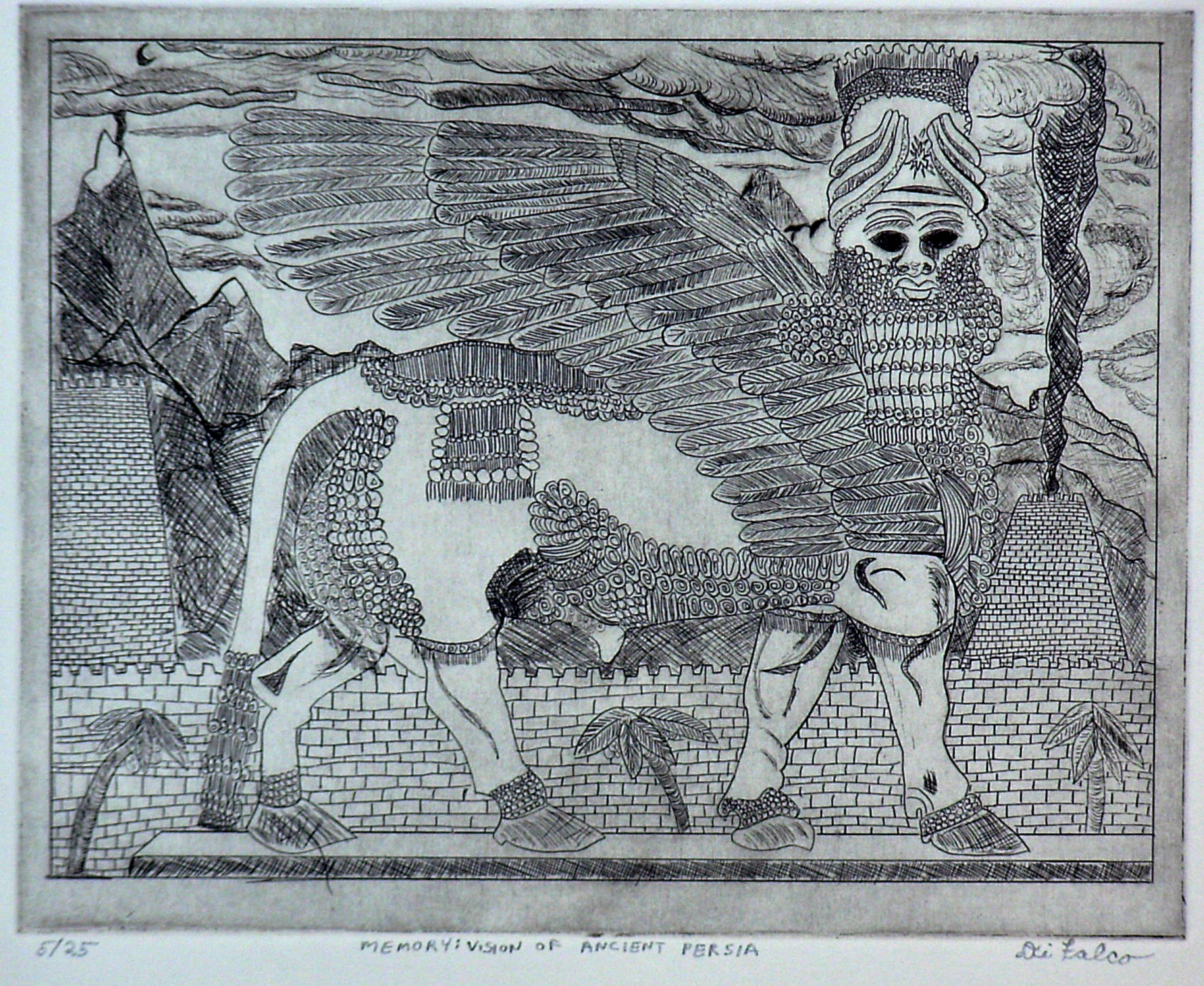 Jerry  Di Falco, 'MEMORY Vision Of Ancient ...', 2009, original Printmaking Etching, 15 x 15  inches. Artwork description: 15375 This etching employed a combination of studio techniques including intaglio, dry point, and aquatint. It is from a limited edition of 25 prints. This work used symbols from ancient Persia, including the winged and human faced bull, which has always captivated my imagination. My use of obsessive ...