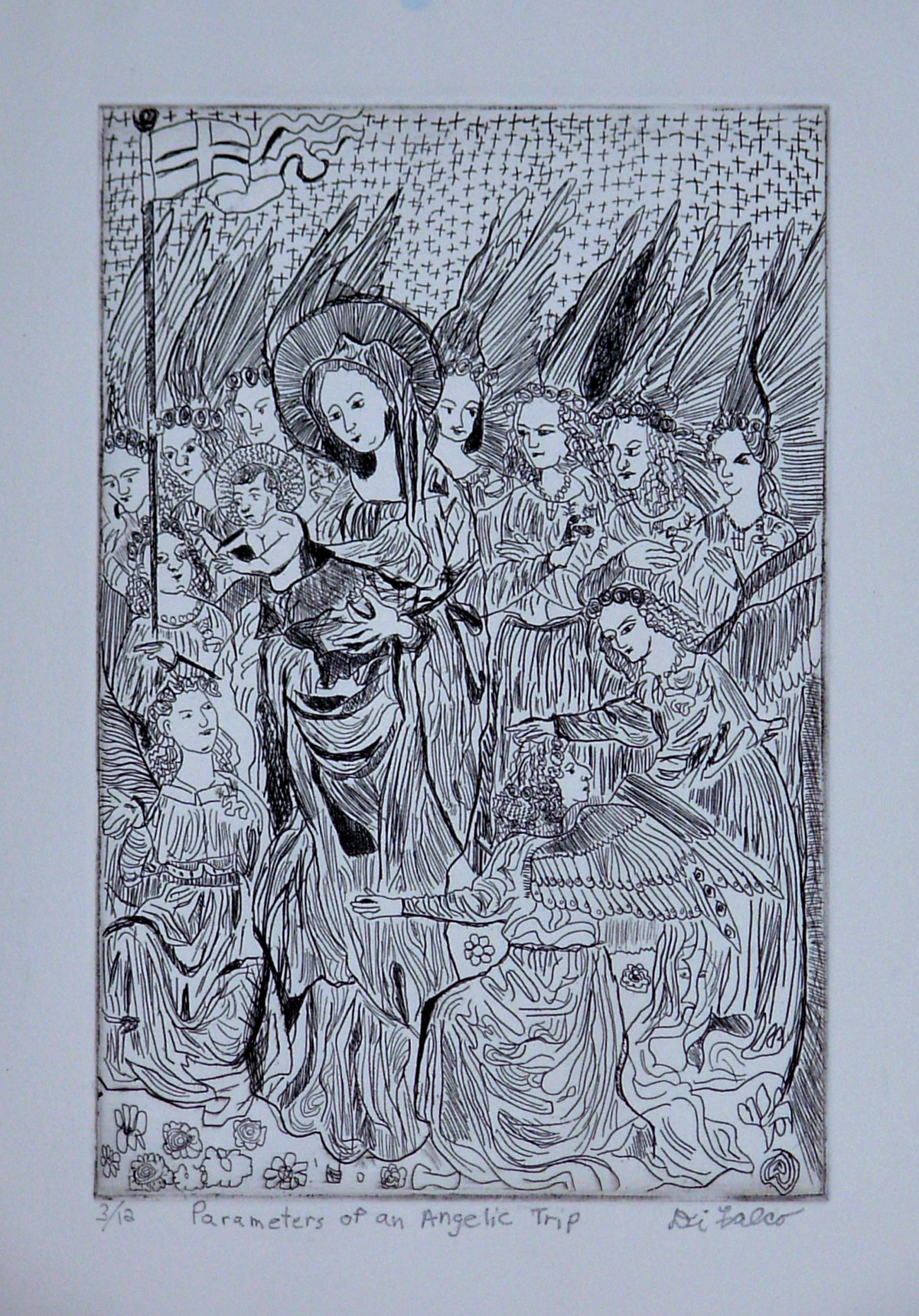 Jerry  Di Falco, 'Parameters Of An Angelic Trip', 2009, original Printmaking Intaglio, 11 x 15  inches. Artwork description: 15375 This etching was executed on RivesBFK white paper and black ink, Charbonnel brand imported from France. The image is taken from a work that hangs in The National Gallery in London entitled, The Wilton Diptych. Rright panel, by an unknown English or French artist c. 1395. Egg ...
