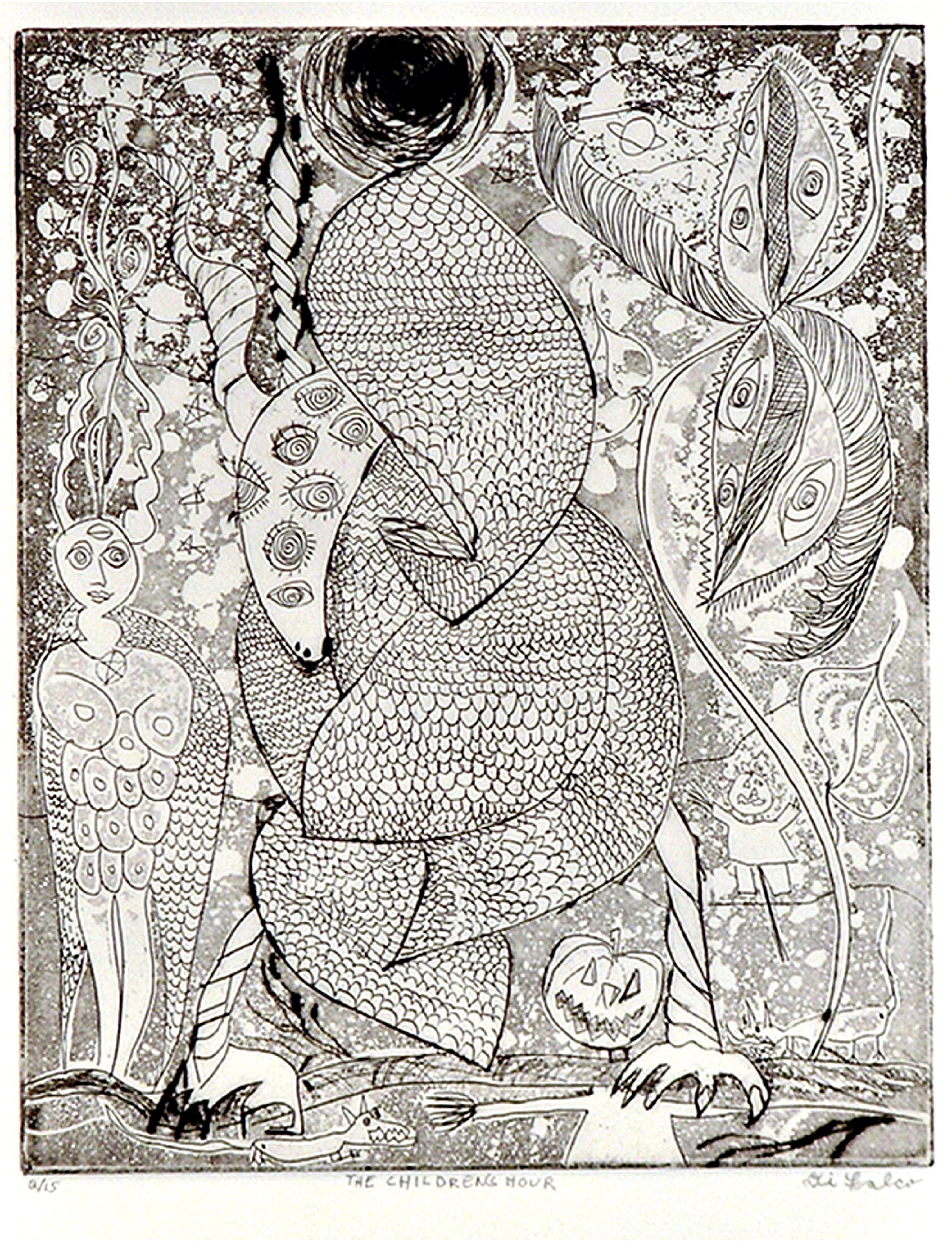 Jerry  Di Falco, 'The Childrens Hour', 2009, original Printmaking Etching, 17 x 21  inches. Artwork description: 15375 The imagery in this etching reflects my interests in ancient religions, folklore, mythology and the universality of dream symbolism. Image size is 10 inches high by 8 inches wide. Print is 15 inches by 12. 5 inches wide. I hand printed and published this edition at The ...