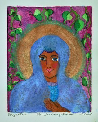Jerry  Di Falco, 'Black Madonna Of Greenwood', 2020, original Mixed Media, 12 x 15  x 0.1 inches. Artwork description: 2703 This is a combined genre work using PRINTMAKING and PANTING.  The etching was originally of the Polish icon, OUR LADY OF CZESTOCHOWA, which is pronounced Chest- ah- HOE- Va.  Media include etching ink from France, Rives BFK white paper, watercolors, gouache, and Japanese iridescent cake watercolors.  The ...