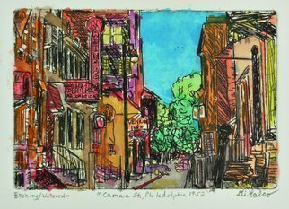 Jerry  Di Falco, 'Camac Street', 2020, original Printmaking Other, 12 x 9  x 1 inches. Artwork description: 2703 This work by Di Falco is a mixed media and mixed genre creation that employed the use of printmaking - - etching on a zinc plate developed in Nitric acid baths - - and painting with watercolors and gouache.  The scene depicts Camac Street, one of the oldest streets in the ...