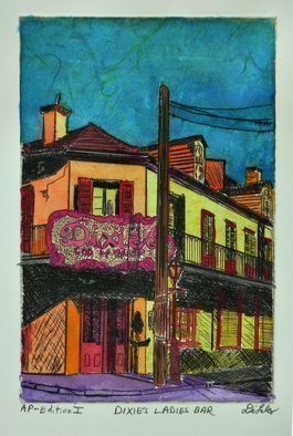 Jerry  Di Falco, 'Dixies Ladies Bar', 2020, original Mixed Media, 11 x 15  x 0.1 inches. Artwork description: 2307 The artist lost access to his etching studio because of the Viral Outbreaks of 2020.  As a result, he took one of his art proofs of an earlier etching and enhanced it with water base media.  He created this one of a kind works at a picnic ...