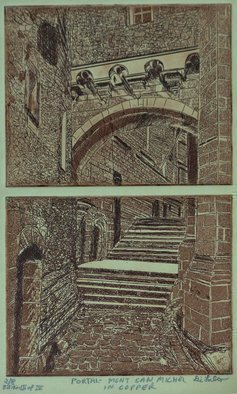 Jerry  Di Falco, 'Mont San Michel In Copper', 2020, original Printmaking Etching, 11 x 14  x 0.5 inches. Artwork description: 2703 This two plate etching is from the third of four editions.  It depicts a portal in the French castle at Mont San Michele.  Oil base ink on etching paper.  Etched in nitric acid.  Price includes mat and frame.  Shipment costs are added. ...