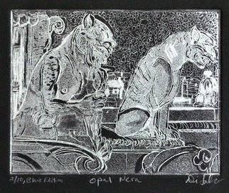Jerry  Di Falco, 'Opal Nera', 2020, original Printmaking Etching, 10 x 8  x 0.1 inches. Artwork description: 3099 This detailed and intimate dreamlike etching, entitled OPAL NERA, translates as Black Opal.  It is the second edition of the work entitled, GUARDIANS OF PARIS, an edition printed in 2013.  The delay between editions relates to astrological readings from 2013.  The studio techniques included aquatint, intaglio, and ...