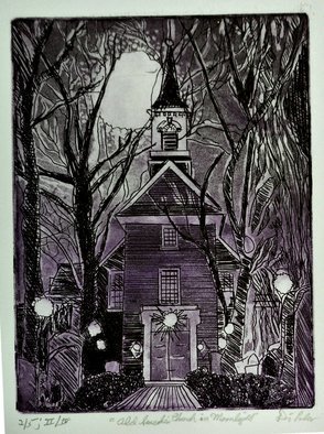 Jerry  Di Falco, 'Swedes Church Moonlight', 2020, original Printmaking Etching, 11 x 14  x 0.5 inches. Artwork description: 2703 This Second Edition etching was based on my original drawings made from a family photograph taken by my Great- Great Maternal Aunt Victoria who lived on AlfredaEURtms Alley in Philadelphia.  She shot the black and white photo between 1938 and 1940 with a 35mm Kodak camera ...
