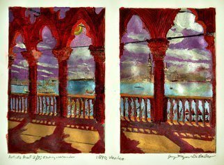 Jerry  Di Falco, 'Venice 1890', 2020, original Mixed Media, 20 x 16  x 1 inches. Artwork description: 2703 This mysterious and beautiful work combines the genres of printmaking and painting by enhancing an intaglio and aquatint etching with watercolors and gouache infused with ground mica.  The etching is executed on two zinc plates and was developed in several baths of Nitric acid.  The artist first ...