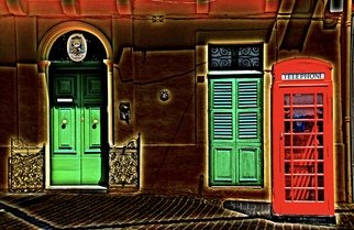 Glen Sweeney; Its 4 U Dr Who, 2012, Original Photography Color, 103 x 66 cm. Artwork description: 241 A British telephone box out of place in Malta, Doctor Who on his travels. Malta, telephone box, manipulated image, doorways. ...