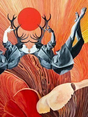 Irina Greciuhina; The Infinity, 2019, Original Painting Other, 150 x 200 cm. Artwork description: 241 Desiring clarity, insight into her soul, the horned truth seeker sought out mushroom- eating shamans, wise men from countless millennia, and ultimately, the giver of all life, the Sun.  Fire was a translucent mirror, a true reflection of all wisdom, according to timeless legends, so she ignored ...