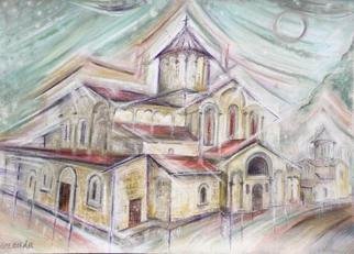 Istvan Gyebnar; Gelati Cathedral In Rain, 2013, Original Pastel Oil, 40 x 30 cm. Artwork description: 241   church cathedral old ruines dark sky rain               ...