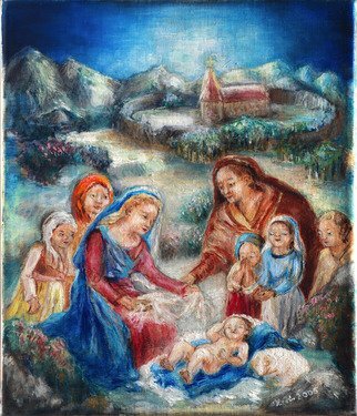 Hana Grosova; Holy Family, 2005, Original Painting Oil, 24 x 28 cm. Artwork description: 241  Jesus Child with his family and persons around. ...