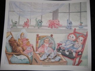 Heidi Bacon; Afternoon Tea, 1990, Original Printmaking Other, 15 x 19 inches. Artwork description: 241  Teddy Bear and Raggedy Ann & Andy wanted a tea party with their favorite dolls.  The cats and elephant on the window sill were hand crafted by my great grandmother.  Laser drum reproduction on paper of an original watercolor painting.         ...